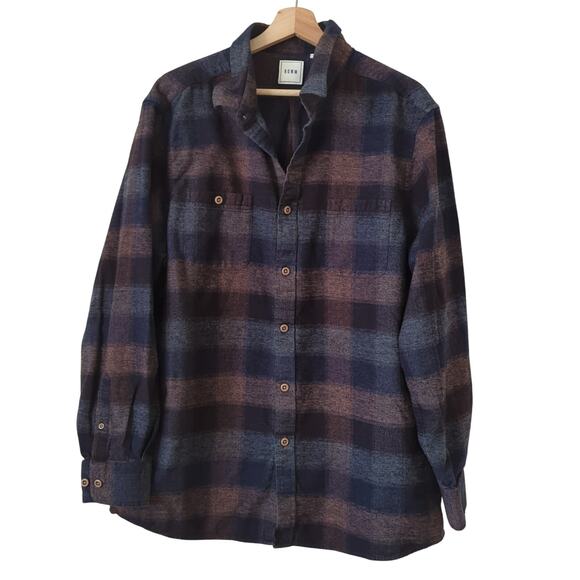 ROWM Plaid Button Down Flannel Shirt Mens XL Navy Blue Brown Check Cotton EUC - Picture 1 of 6